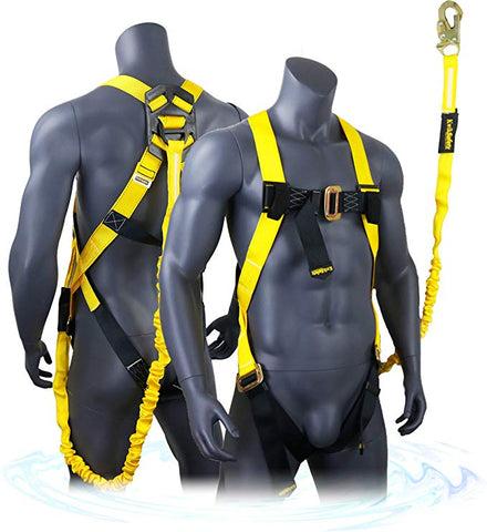 Scorpion Fall Protection Safety Harness with Attached 6' Shock-Absorbing Lanyard, OSHA ANSI